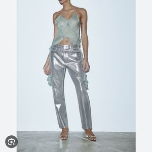 Limited ZARA SILVER METALLIC JEANS MID-RISE SLIM FIT JEANS US SIZE 10
